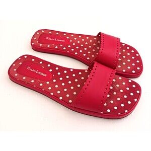 VTG Y2K Ralph Lauren Slide Sandal Red Leather Red & White Polka Dot Insole Sz 10